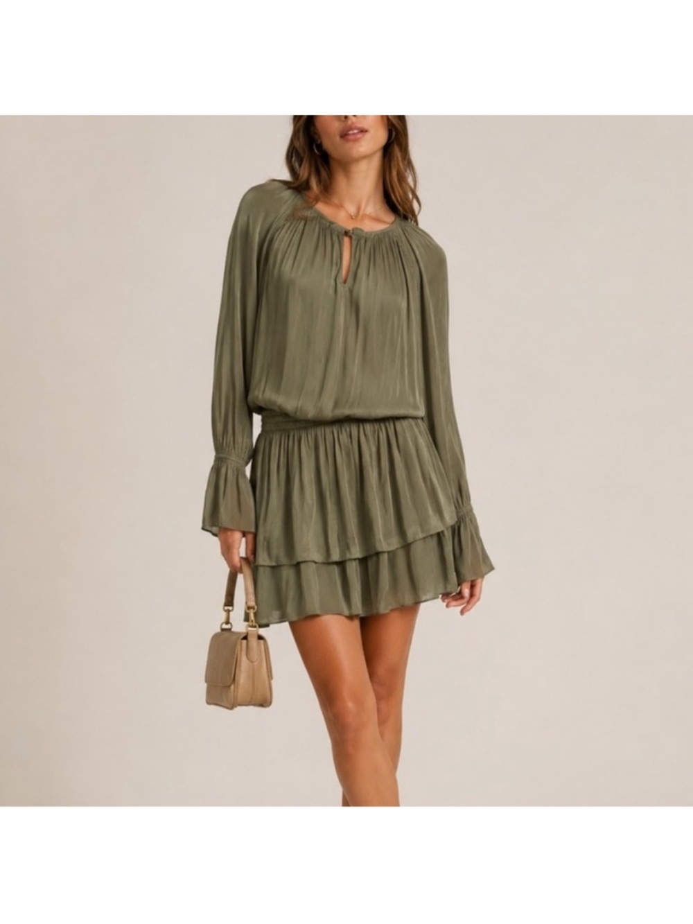 Ramy Brook Olive Tiered Keyhole Long-Sleeve Mini Dress
